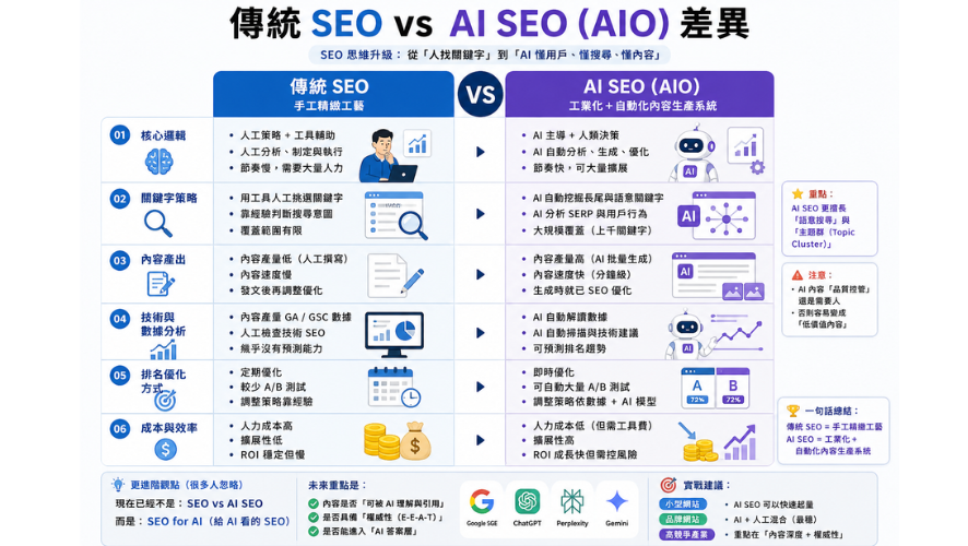 AI SEO 傳統SEO vs AI SEO（AIO）差異